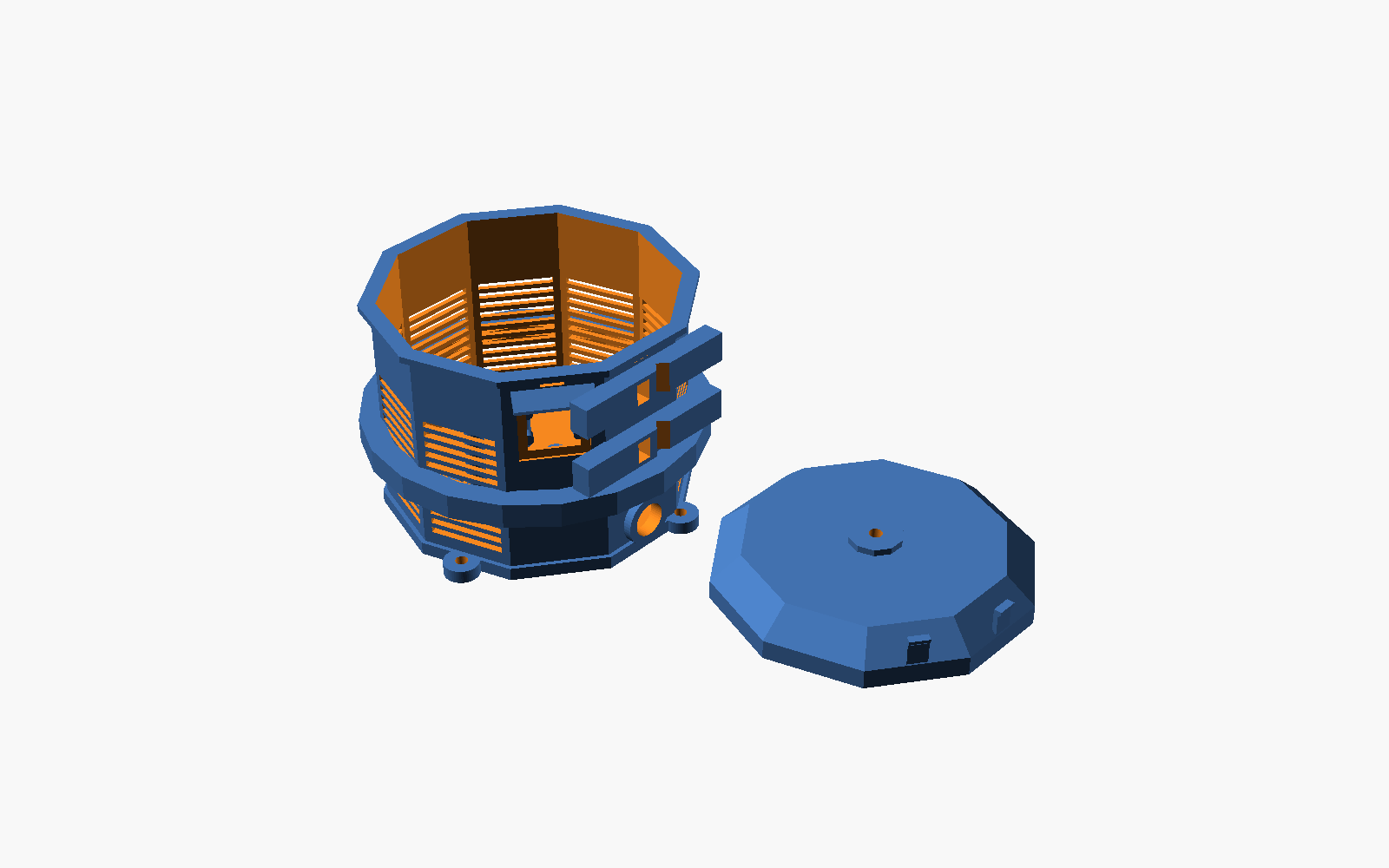 Argus v3 watcher-node enclosure, engineering render of the real CAD geometry — faceted drum body with louvered acoustic vents, separate sensor lid