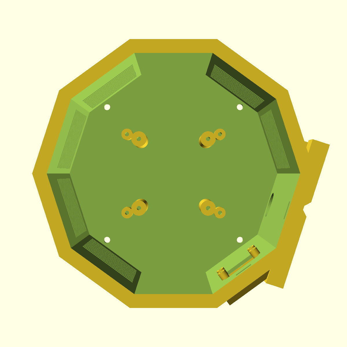 Argus v3 seen from above, engineering render — open enclosure interior and mounting bosses, lid off